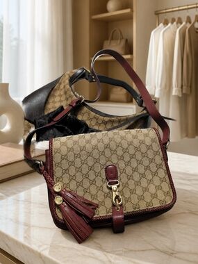 Gucci Brown and Beige GG Canvas Crossbody with Burgundy Leather Trim